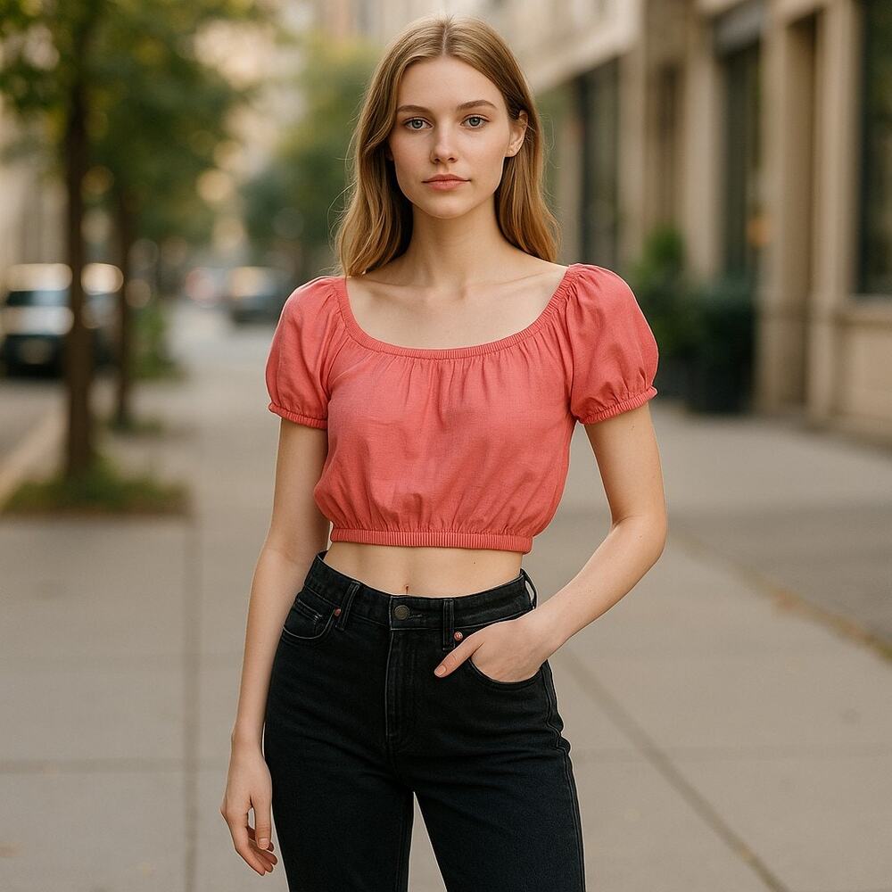 About a‎ Girl XS Peach Salmon Off Shoulder Crop Top NEW NWT Coral